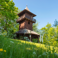 Holzturm auf Wiese, umgeben von Bäumen und Blumen, unter blauem Himmel., © Stadt Gaildorf