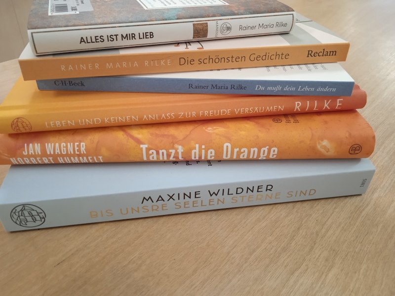 Ein Stapel B&uuml;cher auf einem Tisch, darunter Werke von Rainer Maria Rilke und anderen Autoren. Die B&uuml;cher sind in verschiedenen Farben gestaltet., &copy; Kulturforum Schorndorf e. V.