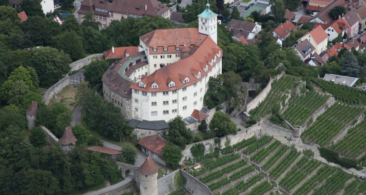 Luftaufnahme von Schloss Kaltenstein, umgeben von Weinbergen und Gebäuden. Das Schloss hat ein markantes rotes Dach und ist von einer Mauer umgeben., © Land der 1000 Hügel - Kraichgau-Stromberg Luftaufnahme von Schloss Kaltenstein, umgeben von Weinbergen und Gebäuden. Das Schloss hat ein markantes rotes Dach und ist von einer Mauer umgeben., © Land der 1000 Hügel - Kraichgau-Stromberg
