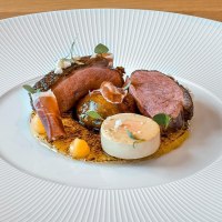 Gourmetgericht mit Entenbrust, dekorativ angerichtet auf einem weißen Teller. Beilagen und Soßen kunstvoll platziert, auf einem Holztisch serviert., © New Josch, Stuttgart