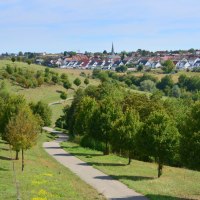 Ein gewundener Weg führt durch eine grüne Landschaft mit Bäumen. Im Hintergrund ist eine Siedlung mit Häusern und einer Kirche sichtbar., © Remstal Tourismus e.V. Ein gewundener Weg führt durch eine grüne Landschaft mit Bäumen. Im Hintergrund ist eine Siedlung mit Häusern und einer Kirche sichtbar., © Remstal Tourismus e.V.