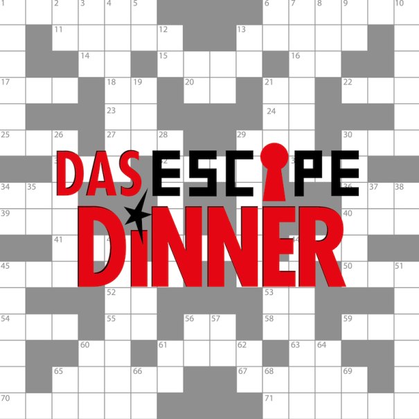 Logo von 'Das Escape Dinner' in Rot und Schwarz auf einem Kreuzworträtsel-Hintergrund., © engesser marketing GmbH