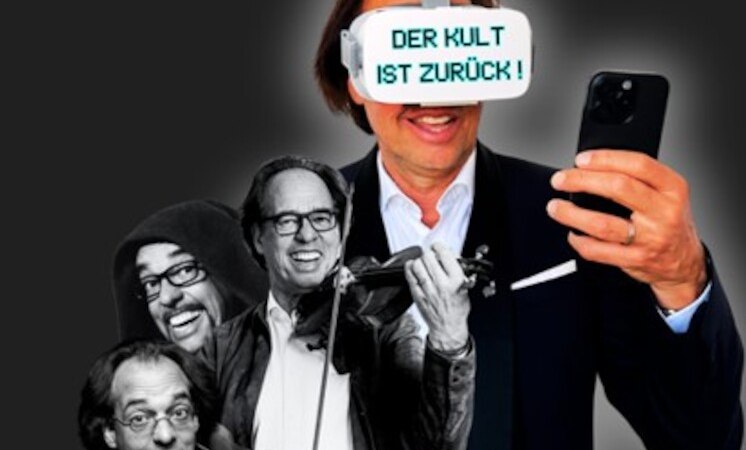 Mann mit VR-Brille und Smartphone, daneben drei Schwarz-Wei&szlig;-Bilder derselben Person in verschiedenen Posen. Text auf Brille: "Der Kult ist zur&uuml;ck!", &copy; Veranstaltungsring Metzingen e.V.
