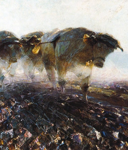 Ein impressionistisches Gemälde zeigt Ochsen, die ein Feld pflügen. Die Farben sind erdig und die Szene wirkt dynamisch und lebendig.