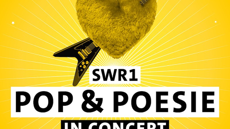 Ein gelbes Herz mit Gitarrenhälse auf gelbem Hintergrund. Text: SWR1 Pop & Poesie in Concert., © C² CONCERTS GmbH