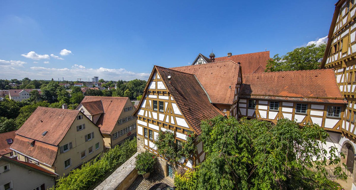 Fachwerkhäuser mit roten Dächern und Bäumen im Vordergrund, blauer Himmel im Hintergrund., © Achim Mende Fachwerkhäuser mit roten Dächern und Bäumen im Vordergrund, blauer Himmel im Hintergrund., © Achim Mende