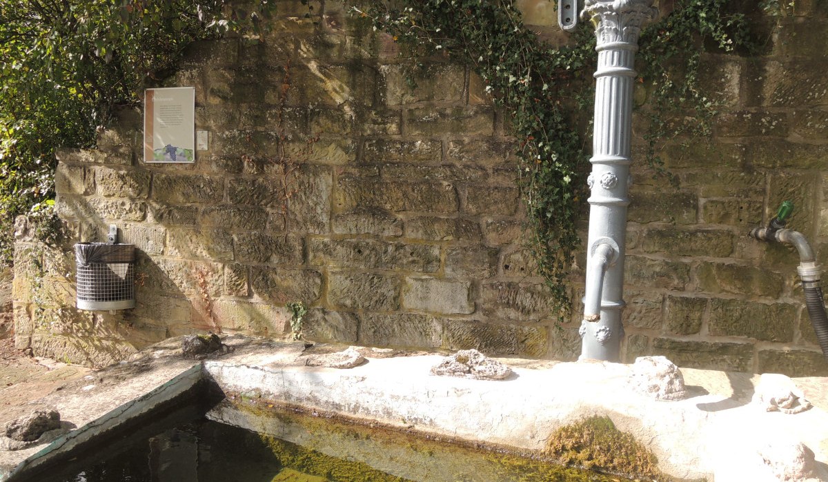 Ein alter Brunnen mit Metallpumpe und steinerner Wand, umgeben von Pflanzen. Ein Schild mit der Aufschrift 'Karlsbronn 1860' ist sichtbar., © Land der 1000 Hügel - Kraichgau-Stromberg Ein alter Brunnen mit Metallpumpe und steinerner Wand, umgeben von Pflanzen. Ein Schild mit der Aufschrift 'Karlsbronn 1860' ist sichtbar., © Land der 1000 Hügel - Kraichgau-Stromberg