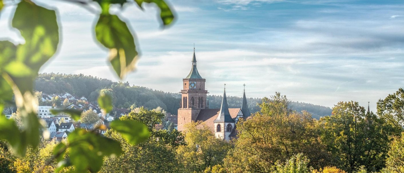 Die Peter und Paul Kirche in Weil der Stadt, umgeben von herbstlichen Bäumen und einem klaren Himmel. Ein friedliches, idyllisches Herbstbild., © SMG, Martina Denker Die Peter und Paul Kirche in Weil der Stadt, umgeben von herbstlichen Bäumen und einem klaren Himmel. Ein friedliches, idyllisches Herbstbild., © SMG, Martina Denker
