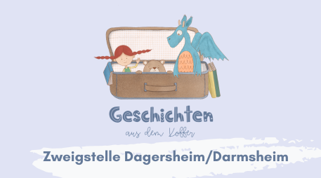Ein offener Koffer mit einem M&auml;dchen, einem Teddyb&auml;r und einem blauen Drachen. Text: "Geschichten aus dem Koffer" und "Zweigstelle Dagersheim/Darmsheim"., &copy; B&ouml;blingen