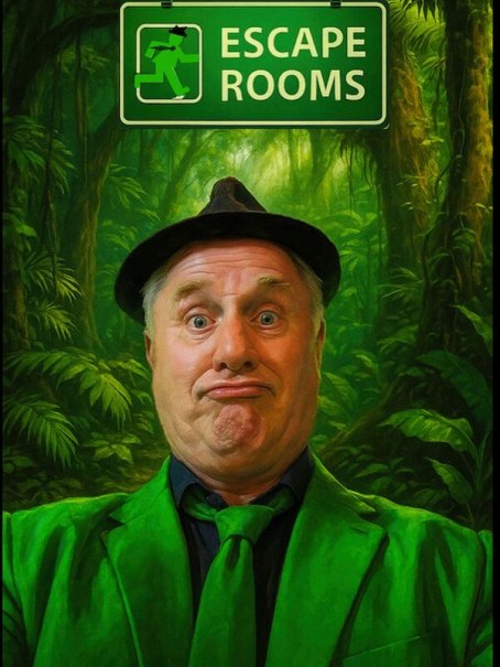 Ein Mann in grünem Anzug und Hut zieht eine Grimasse vor einem 'Escape Rooms'-Schild im Dschungel., © Kurverwaltung Bad Urach