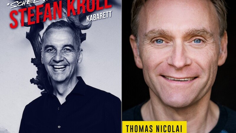 Links ein Schwarz-Weiß-Porträt von Stefan Kröll mit rotem Text, rechts ein Farbfoto von Thomas Nicolai mit gelbem Text., © Veranstaltungsring Metzingen e.V. Links ein Schwarz-Weiß-Porträt von Stefan Kröll mit rotem Text, rechts ein Farbfoto von Thomas Nicolai mit gelbem Text., © Veranstaltungsring Metzingen e.V.