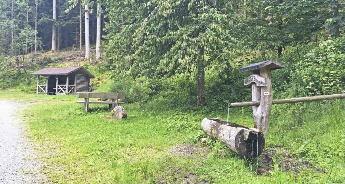 Hölzerner Brunnen am Waldrand mit Bank und Hütte. Umgeben von Bäumen und grünem Gras, idealer Rastplatz in der Natur., © www.pro-cycl.de Hölzerner Brunnen am Waldrand mit Bank und Hütte. Umgeben von Bäumen und grünem Gras, idealer Rastplatz in der Natur., © www.pro-cycl.de