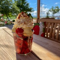 Ein Eisbecher mit Sahne, Erdbeeren und Streuseln steht auf einem Holztisch im Freien. Im Hintergrund sind Bäume und ein blauer Himmel zu sehen., © Engel/ Rammerthof Ein Eisbecher mit Sahne, Erdbeeren und Streuseln steht auf einem Holztisch im Freien. Im Hintergrund sind Bäume und ein blauer Himmel zu sehen., © Engel/ Rammerthof