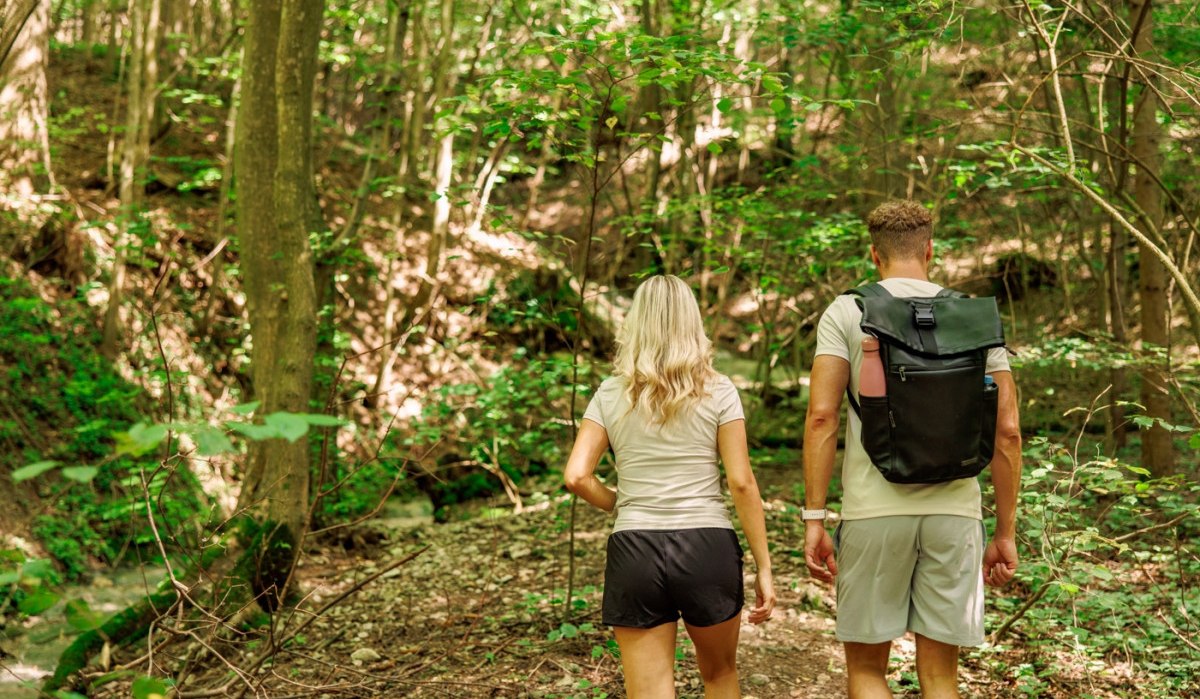 Zwei Personen wandern auf einem schattigen Waldweg. Sie sind von dichtem, grünem Laub umgeben und tragen Freizeitkleidung., © Landkreis Göppingen Zwei Personen wandern auf einem schattigen Waldweg. Sie sind von dichtem, grünem Laub umgeben und tragen Freizeitkleidung., © Landkreis Göppingen