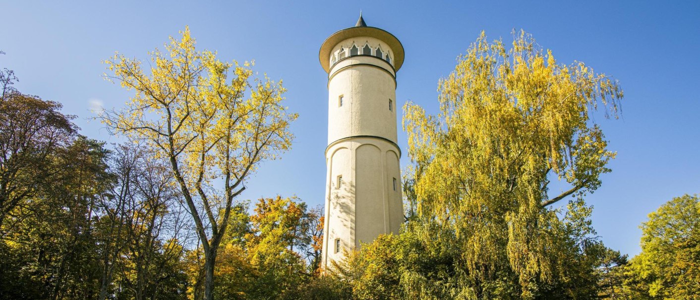 Der Engelbergturm in Leonberg erhebt sich majest&auml;tisch zwischen herbstlich gef&auml;rbten B&auml;umen unter einem klaren blauen Himmel., &copy; SMG, Sarah Schmid