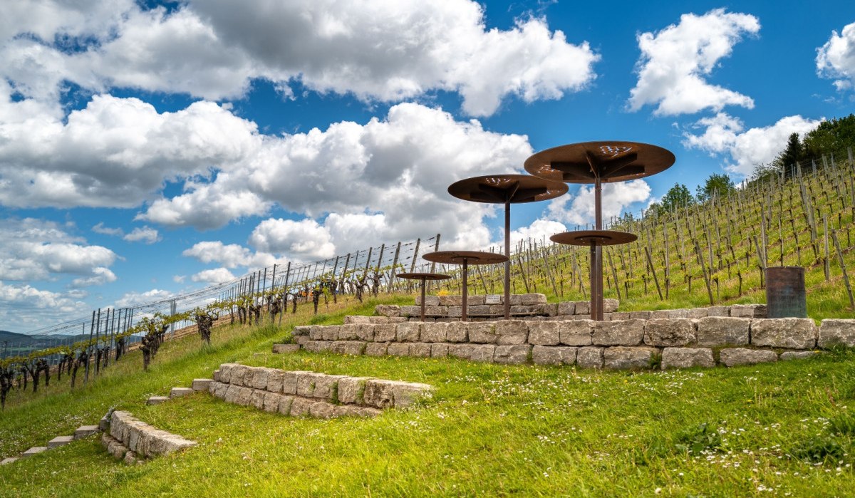 Terrassen mit Metallskulpturen in einem Weinberg. Der Himmel ist blau mit weißen Wolken. Die Landschaft ist grün und hügelig., © Remstal Tourismus e.V. Terrassen mit Metallskulpturen in einem Weinberg. Der Himmel ist blau mit weißen Wolken. Die Landschaft ist grün und hügelig., © Remstal Tourismus e.V.