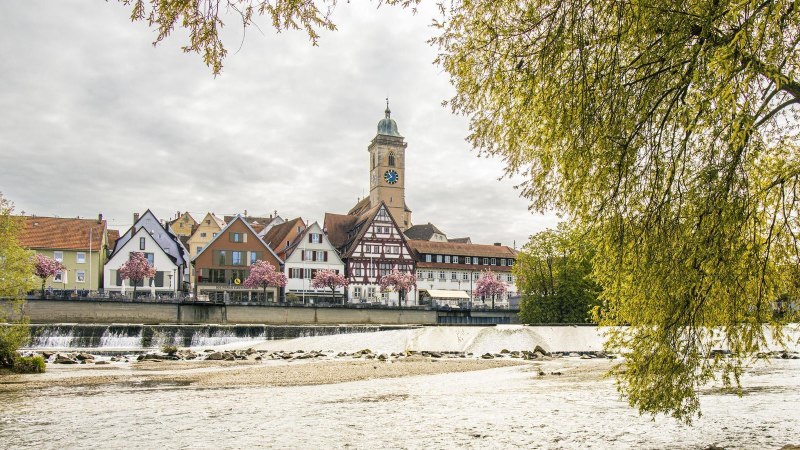 Blick auf Nürtingen mit Fachwerkhäusern und Kirchturm am Fluss. Blühende Bäume und eine Fischtreppe im Vordergrund., © SMG, Sarah Schmid Blick auf Nürtingen mit Fachwerkhäusern und Kirchturm am Fluss. Blühende Bäume und eine Fischtreppe im Vordergrund., © SMG, Sarah Schmid