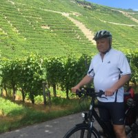 Ein Mann mit Helm steht mit einem E-Bike vor grünen Weinbergen. Er trägt ein weißes Trikot und hat eine rote Fahrradtasche., © Weingenuss Stuttgart