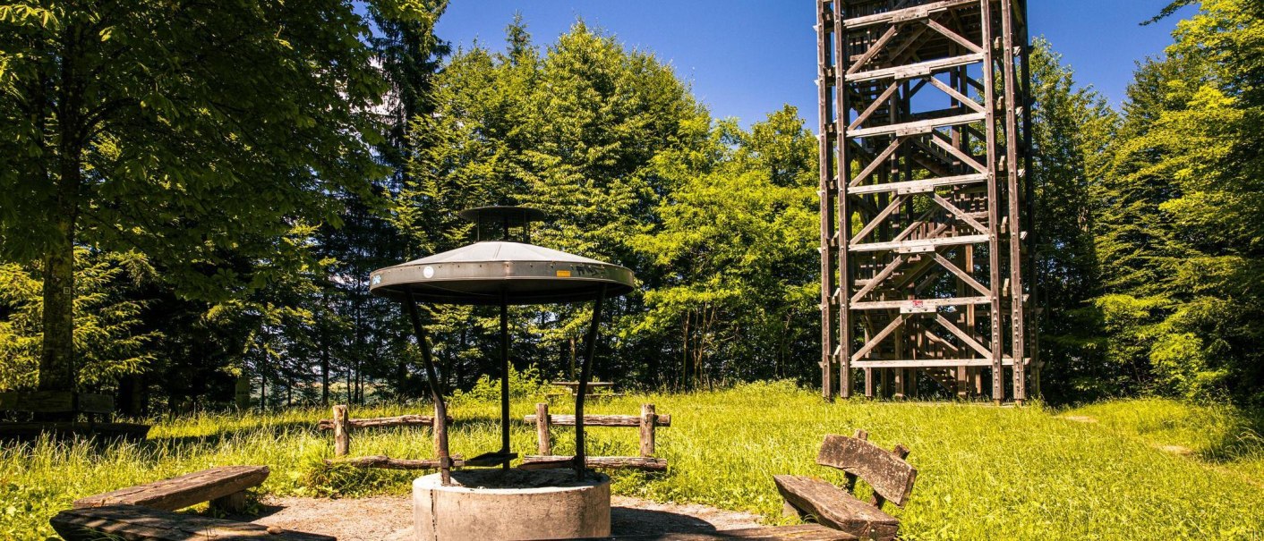 Ein h&ouml;lzerner Aussichtsturm im Wald neben einer Feuerstelle mit B&auml;nken. Die Szene ist von gr&uuml;nen B&auml;umen umgeben und der Himmel ist blau., &copy; Stuttgart-Marketing GmbH, Sarah Schmid