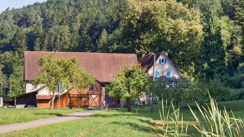 Ein Bauernhof mit Scheune und Wohnhaus, umgeben von Bäumen und Wiesen, vor einem bewaldeten Hügel., © Natur.Nah. Schönbuch & Heckengäu