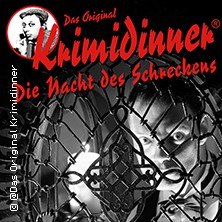 Ein Plakat für das Krimidinner 'Die Nacht des Schreckens' zeigt ein Gesicht hinter einem Gitter und den Titel in roter Schrift., © links im Bild Ein Plakat für das Krimidinner 'Die Nacht des Schreckens' zeigt ein Gesicht hinter einem Gitter und den Titel in roter Schrift., © links im Bild