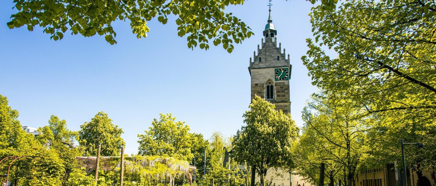Der Turm der Lutherkirche in Fellbach ragt zwischen üppigem Grün hervor. Der Himmel ist klar und blau, die Bäume sind dicht belaubt., © Stuttgart-Marketing GmbH, Sarah Schmid