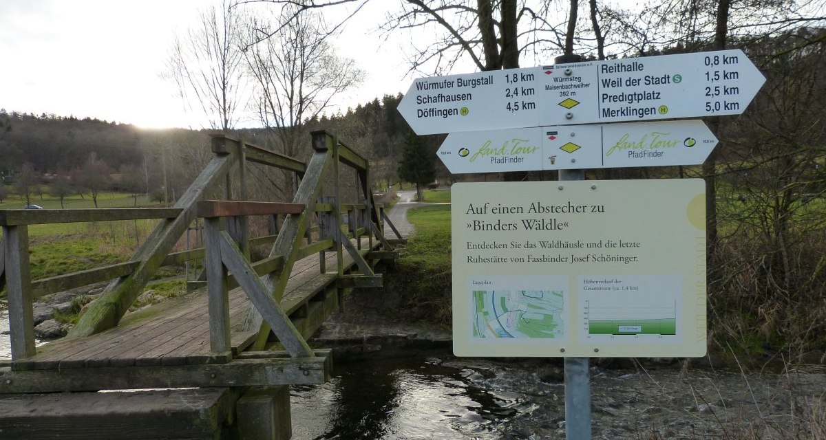 Eine Holzbrücke führt über die Würm. Im Vordergrund stehen Wegweiser mit Entfernungsangaben zu nahegelegenen Zielen., © Natur.Nah. Schönbuch & Heckengäu Eine Holzbrücke führt über die Würm. Im Vordergrund stehen Wegweiser mit Entfernungsangaben zu nahegelegenen Zielen., © Natur.Nah. Schönbuch & Heckengäu