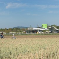 Familie radelt durch ein Feld, modernes Gebäude mit Rutschen im Hintergrund, blauer Himmel., © Stadt Fellbach