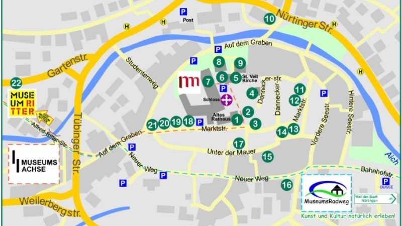 Stadtplan mit markierten Sehenswürdigkeiten, Museen und Straßen. Wichtige Orte sind nummeriert. Der MuseumsRadweg ist hervorgehoben., © Natur.Nah. Schönbuch & Heckengäu Stadtplan mit markierten Sehenswürdigkeiten, Museen und Straßen. Wichtige Orte sind nummeriert. Der MuseumsRadweg ist hervorgehoben., © Natur.Nah. Schönbuch & Heckengäu