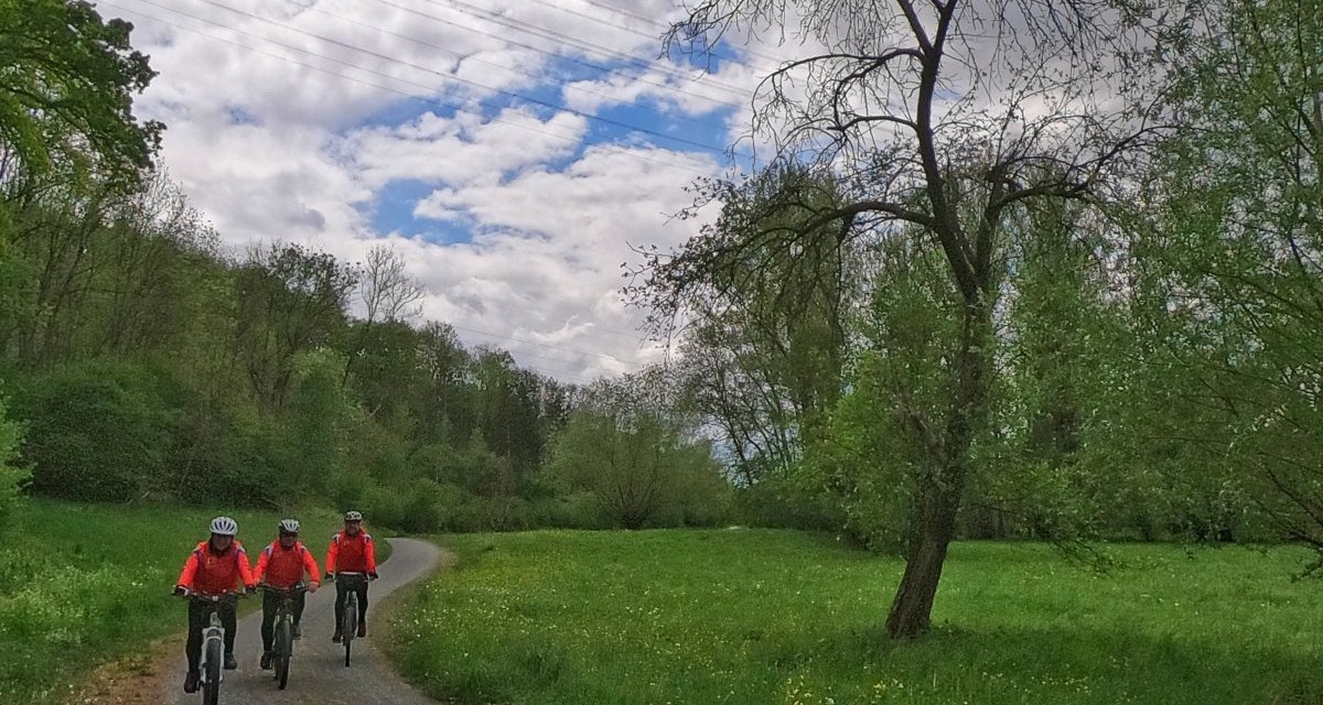 Drei Radfahrer in roten Jacken fahren auf einem schmalen Weg durch eine grüne, bewaldete Landschaft unter einem bewölkten Himmel., © Land der 1000 Hügel - Kraichgau-Stromberg Drei Radfahrer in roten Jacken fahren auf einem schmalen Weg durch eine grüne, bewaldete Landschaft unter einem bewölkten Himmel., © Land der 1000 Hügel - Kraichgau-Stromberg