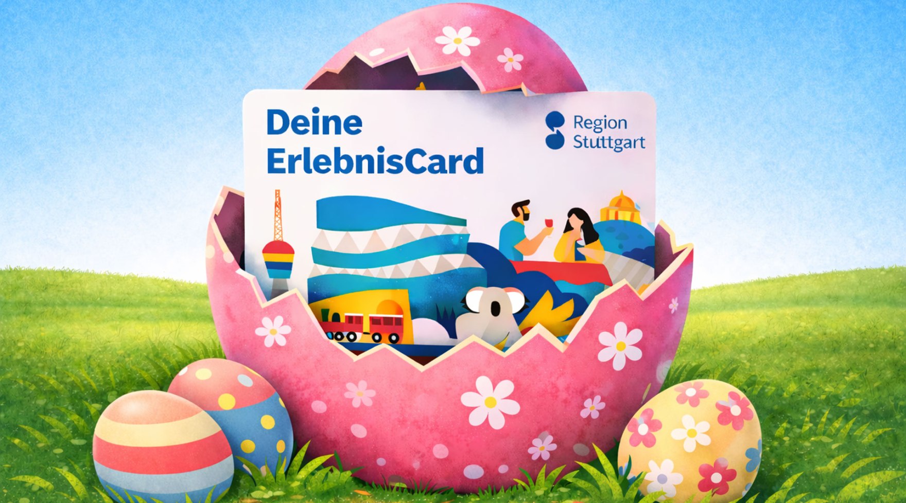 KI-generierte Grafik einer ErlebnisCard in einem geöffneten Osterei. KI-generierte Grafik einer ErlebnisCard in einem geöffneten Osterei.