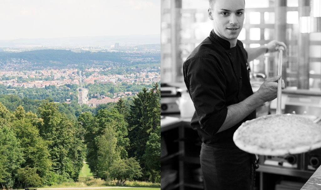Links eine grüne Landschaft mit Blick auf eine Stadt, rechts ein Koch in schwarzer Uniform, der eine Pizza hält., © Mercure Hotel Stuttgart Gerlingen Links eine grüne Landschaft mit Blick auf eine Stadt, rechts ein Koch in schwarzer Uniform, der eine Pizza hält., © Mercure Hotel Stuttgart Gerlingen