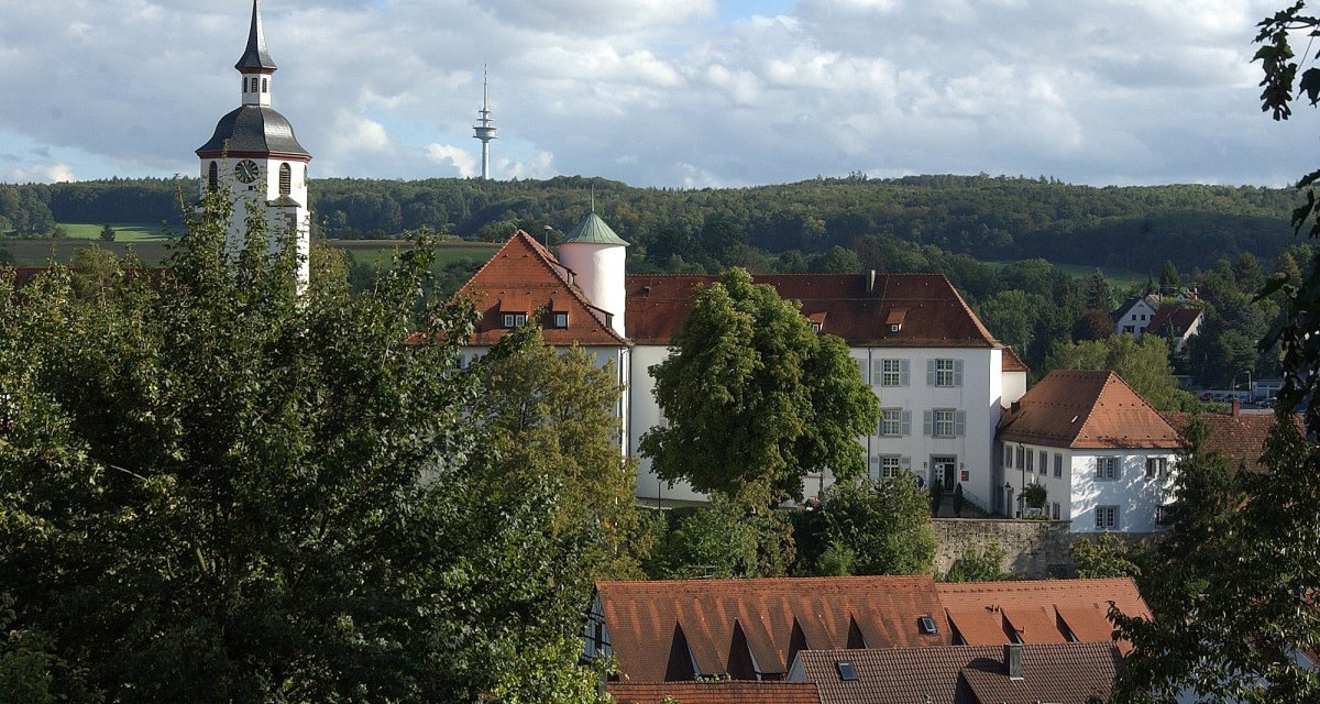 Ein Schloss mit rotem Dach und Kirchturm, umgeben von Bäumen und Hügeln. Im Hintergrund ist ein Fernsehturm zu sehen., © Natur.Nah. Schönbuch & Heckengäu Ein Schloss mit rotem Dach und Kirchturm, umgeben von Bäumen und Hügeln. Im Hintergrund ist ein Fernsehturm zu sehen., © Natur.Nah. Schönbuch & Heckengäu