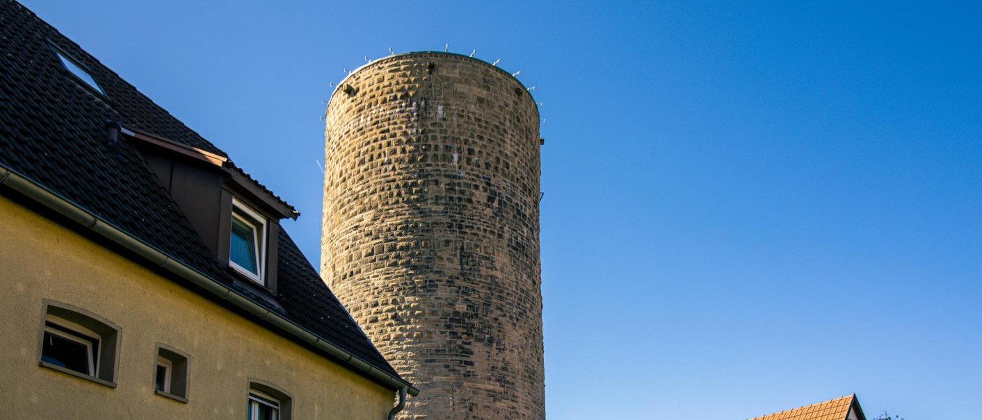 Der Waldhornturm in Besigheim erhebt sich neben einem Gebäude mit Dachfenstern, vor einem klaren blauen Himmel., © Stuttgart-Marketing GmbH, Sarah Schmid Der Waldhornturm in Besigheim erhebt sich neben einem Gebäude mit Dachfenstern, vor einem klaren blauen Himmel., © Stuttgart-Marketing GmbH, Sarah Schmid