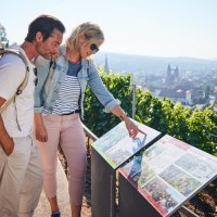 Drei Personen stehen auf einem Weinberg und lesen Informationstafeln. Im Hintergrund ist eine Stadt zu sehen.