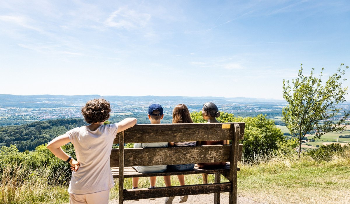 Vier Personen sitzen auf einer Bank und blicken auf eine weite Landschaft unter blauem Himmel. Ein Baum steht rechts im Bild., © TMBW