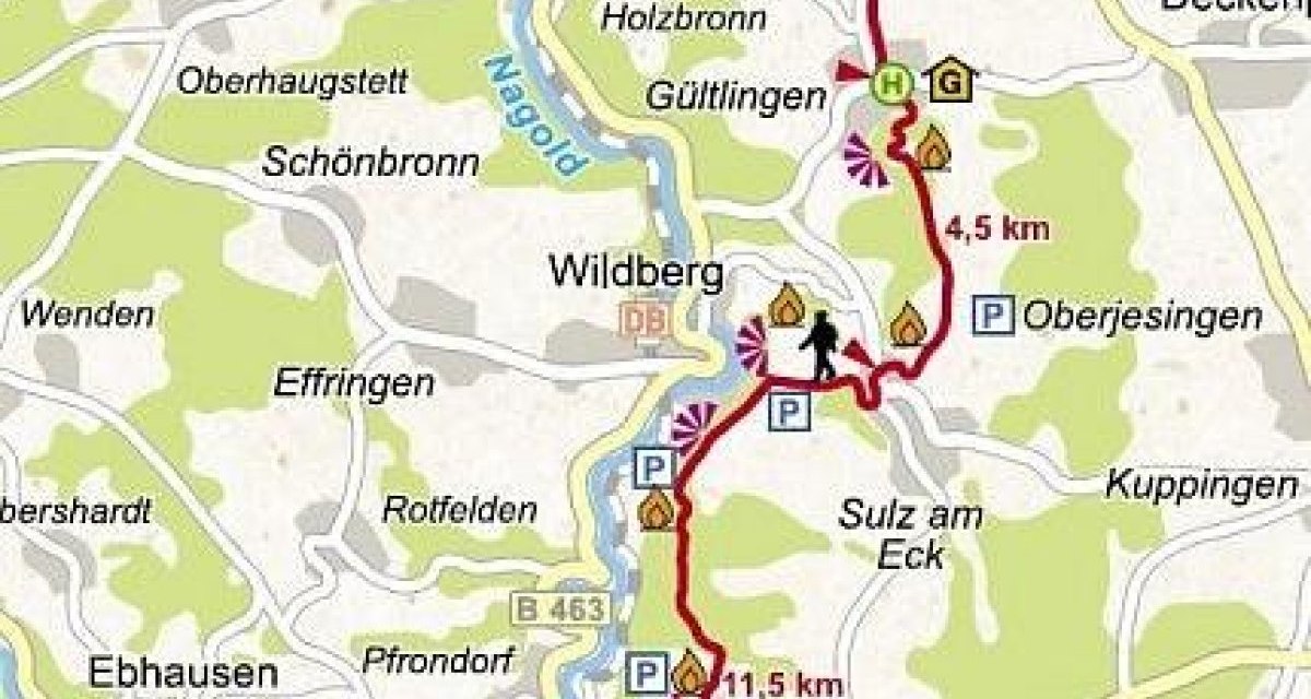 Karte der dritten Etappe einer Wanderroute von Gechingen nach Nagold, mit markierten Wegen, Entfernungen und Sehenswürdigkeiten., © Natur.Nah. Schönbuch & Heckengäu Karte der dritten Etappe einer Wanderroute von Gechingen nach Nagold, mit markierten Wegen, Entfernungen und Sehenswürdigkeiten., © Natur.Nah. Schönbuch & Heckengäu