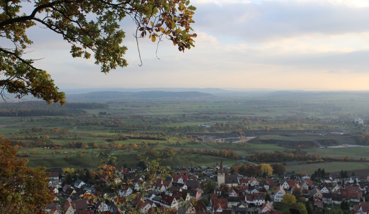 Blick vom Grafenberg auf Herrenberg: Im Vordergrund Häuser, im Hintergrund weite Felder und Hügel unter bewölktem Himmel., © Natur.Nah. Schönbuch & Heckengäu