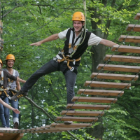 Menschen mit Helmen und Sicherheitsgurten auf einer Hängebrücke im Waldseilgarten Herrenberg, umgeben von grünen Bäumen., © Waldseilgarten Herrenberg Menschen mit Helmen und Sicherheitsgurten auf einer Hängebrücke im Waldseilgarten Herrenberg, umgeben von grünen Bäumen., © Waldseilgarten Herrenberg