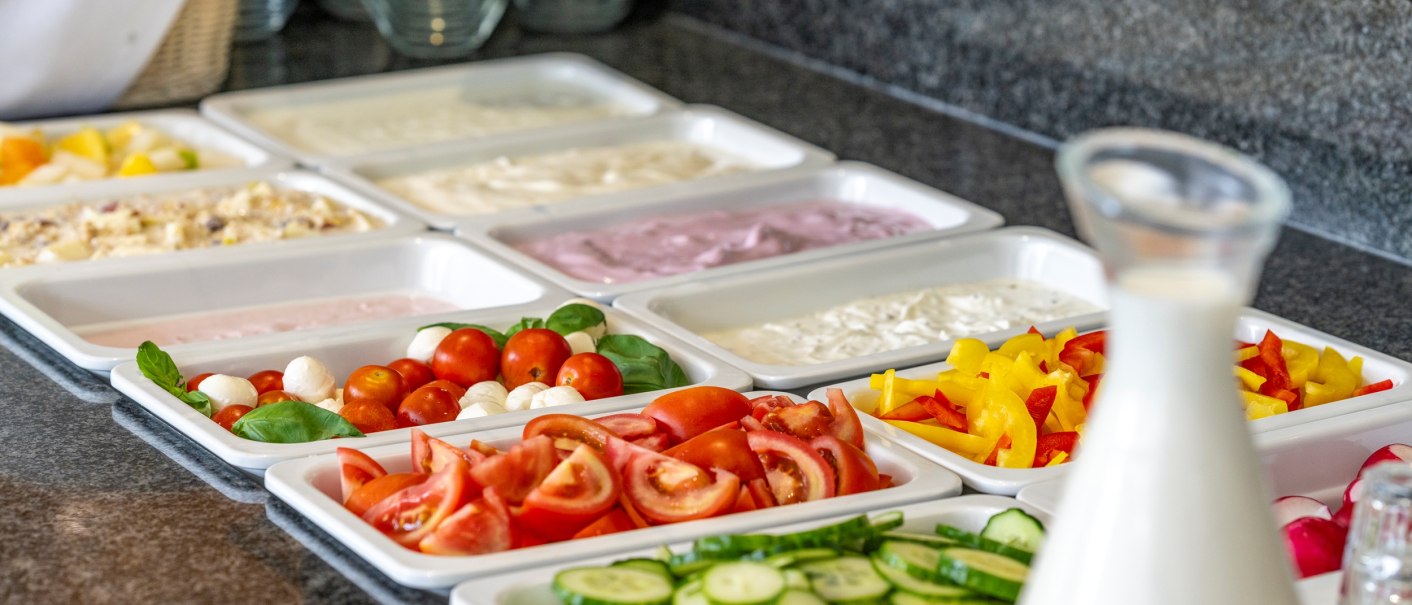 Ein Frühstücksbuffet mit frischem Gemüse, Joghurt und einer Karaffe Milch auf einer Theke., © Plaza Residence Stuttgart-Ditzingen Ein Frühstücksbuffet mit frischem Gemüse, Joghurt und einer Karaffe Milch auf einer Theke., © Plaza Residence Stuttgart-Ditzingen