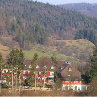 Ein rotes Gebäude mit weißen Fenstern steht vor einem bewaldeten Hügel. Im Vordergrund sind Bäume und Sträucher zu sehen., © DJH Baden-Württemberg e.V. Ein rotes Gebäude mit weißen Fenstern steht vor einem bewaldeten Hügel. Im Vordergrund sind Bäume und Sträucher zu sehen., © DJH Baden-Württemberg e.V.