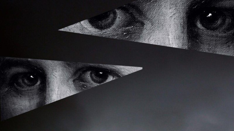 Schwarz-wei&szlig;es Bild mit zwei dreieckigen Ausschnitten, die Augen zeigen. Abstrakte, geometrische Komposition mit starkem Kontrast., &copy; W&uuml;rttembergische Landesb&uuml;hne Esslingen