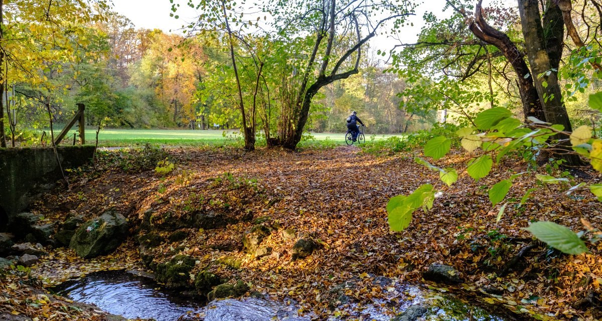 Ein kleiner Bach flie&szlig;t durch einen herbstlichen Wald. Im Hintergrund f&auml;hrt ein Radfahrer auf einem Weg. Die B&auml;ume sind in herbstlichen Farben gef&auml;rbt., &copy; Remstal Tourismus e.V.