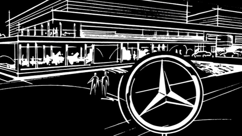 Eine stilisierte Skizze eines modernen Geb&auml;udes mit dem Mercedes-Benz-Logo im Vordergrund. Zwei Personen gehen auf das Geb&auml;ude zu., &copy; Mercedes-Benz AG