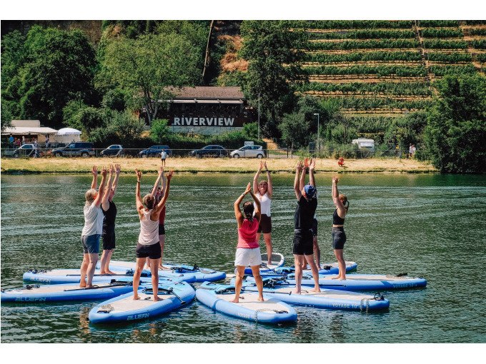 Menschen praktizieren Yoga auf Stand-Up-Paddle-Boards auf einem Fluss. Im Hintergrund sind Weinberge und ein Geb&auml;ude mit der Aufschrift 'RIVERVIEW' zu sehen., &copy; Cool-Tours StattReisen