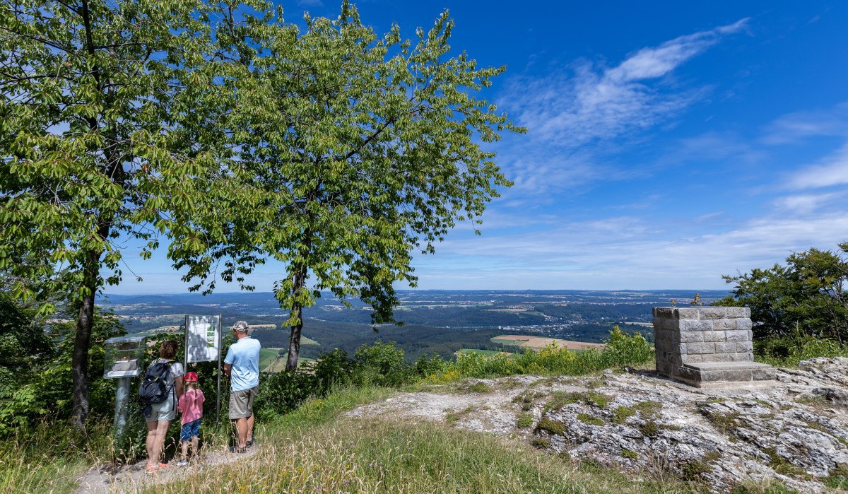 Drei Personen betrachten eine Informationstafel auf einem Hügel. Im Hintergrund erstreckt sich eine weite Landschaft unter blauem Himmel., © Foto Thomas Zehnder Drei Personen betrachten eine Informationstafel auf einem Hügel. Im Hintergrund erstreckt sich eine weite Landschaft unter blauem Himmel., © Foto Thomas Zehnder