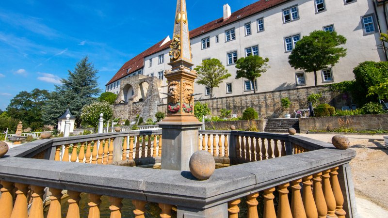 Schloss Leonberg mit Pomeranzengarten. Ein Obelisk steht im Vordergrund, umgeben von gepflegten Gärten und Bäumen unter blauem Himmel., © SMG Achim Mende