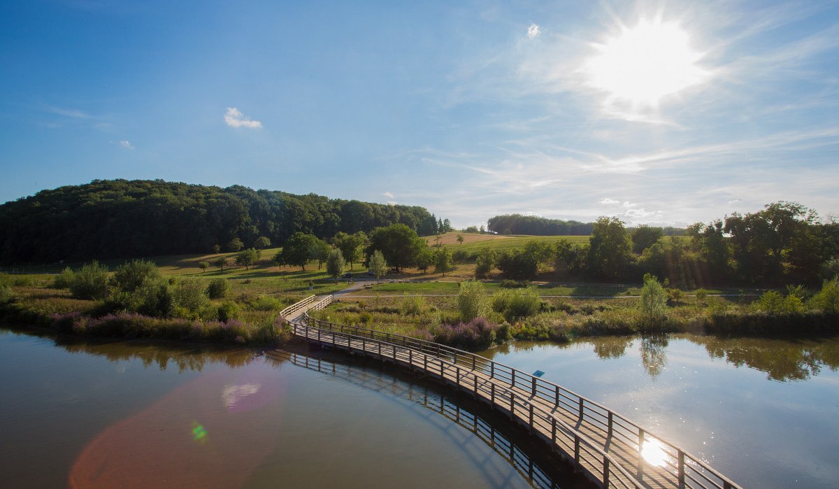 Holzsteg über einen Fluss in einer grünen Landschaft mit Bäumen und Wiesen, unter einem strahlend blauen Himmel mit Sonne., © Tourismus und Events Ludwigsburg Holzsteg über einen Fluss in einer grünen Landschaft mit Bäumen und Wiesen, unter einem strahlend blauen Himmel mit Sonne., © Tourismus und Events Ludwigsburg