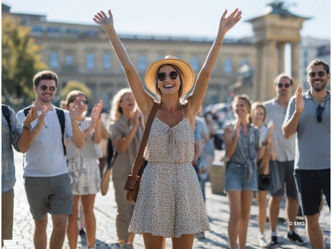 Frau in Sommerkleid und Hut hebt die Arme, umgeben von applaudierenden Menschen auf einem sonnigen Platz., © Stuttgart Marketing GmbH
