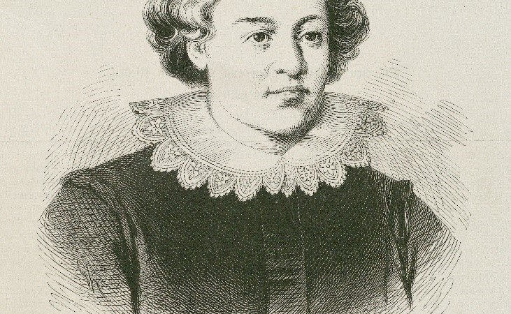 Holzschnitt von Johannes Kepler mit detailliertem Spitzenkragen, erstellt von Max Isaac Michael. Der Ausdruck ist ernst und nachdenklich., &copy; Hans Joachim Albinus